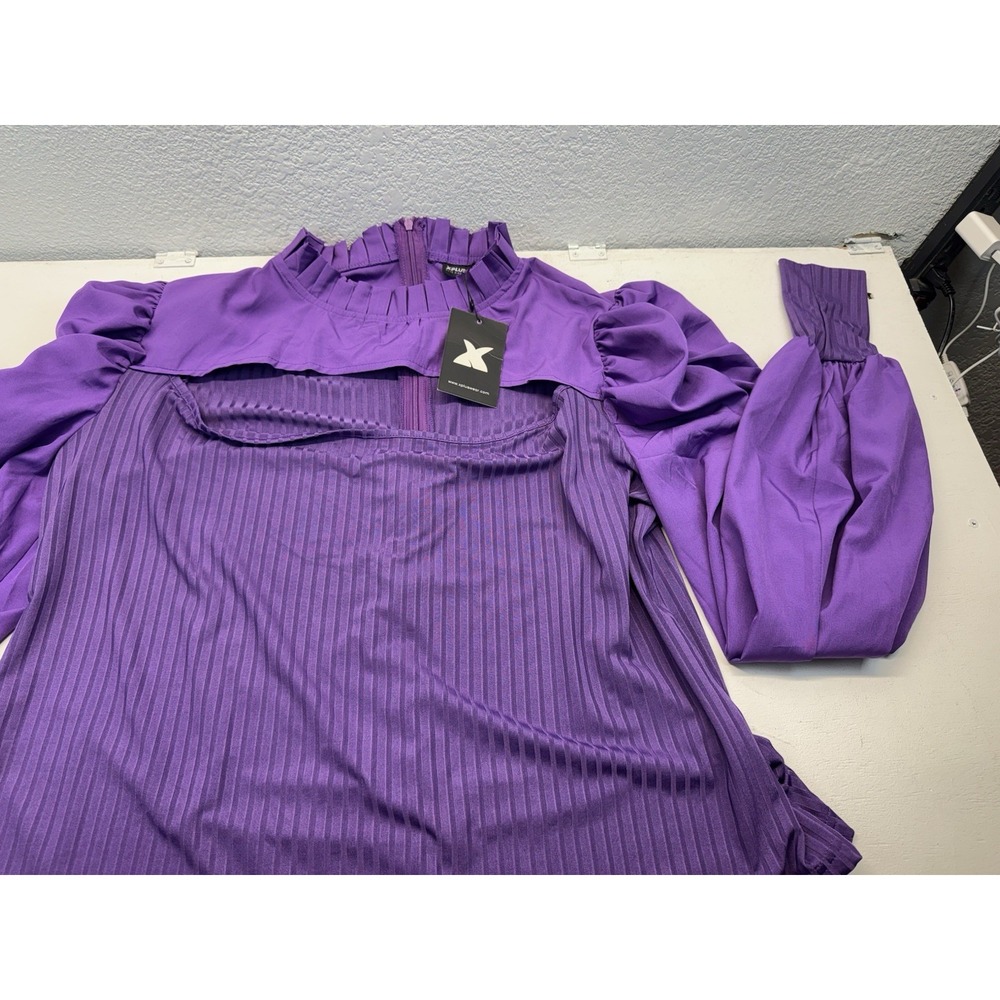 XPlusWear Plus Size 2XL Purple Ruffle High Neck Blouse Long Sleeve Ribbed Top